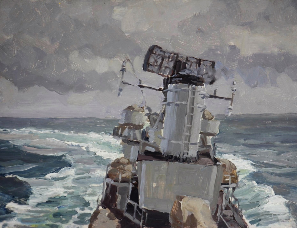 Herman Bosboom: Olieverf op hardboard paneel, Marineschip op zee verkocht voor € 200!