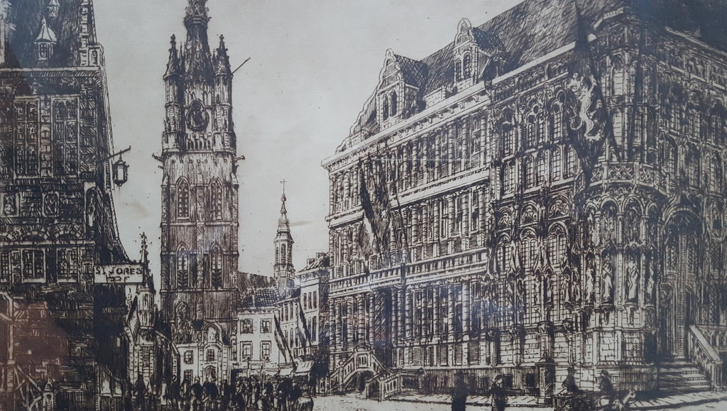 Eugene Rensburg - Hotel de Ville te Gent, ets - gesigneerd kopen? Bied vanaf 1!