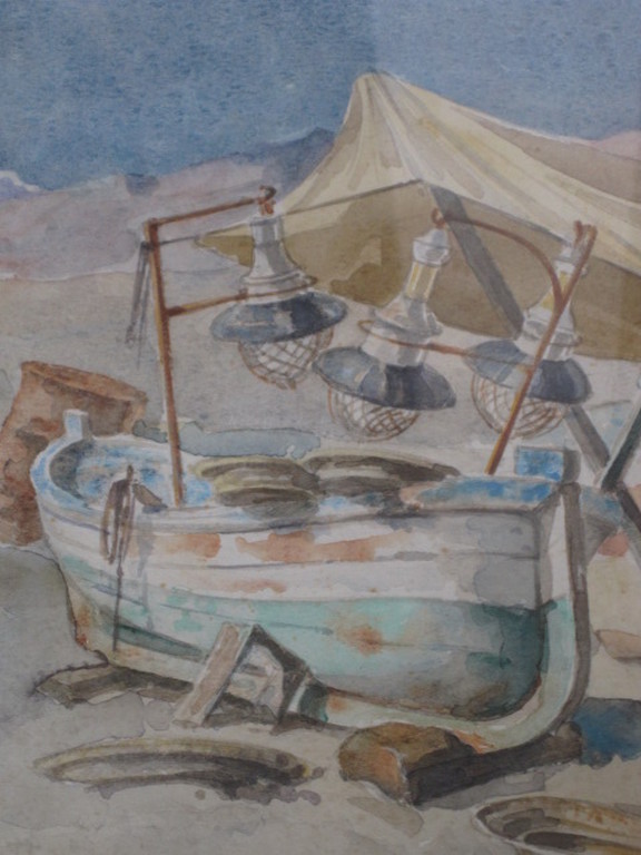 Grote gesigneerde Aquarel " vissersboten op strand Mallorca " kopen? Bied vanaf 25!
