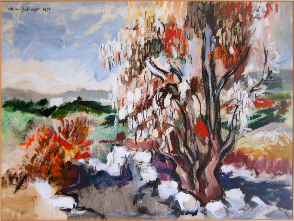 Adrian Stahlecker: acryl op papier, Boom in Spanje verkocht voor € 135!