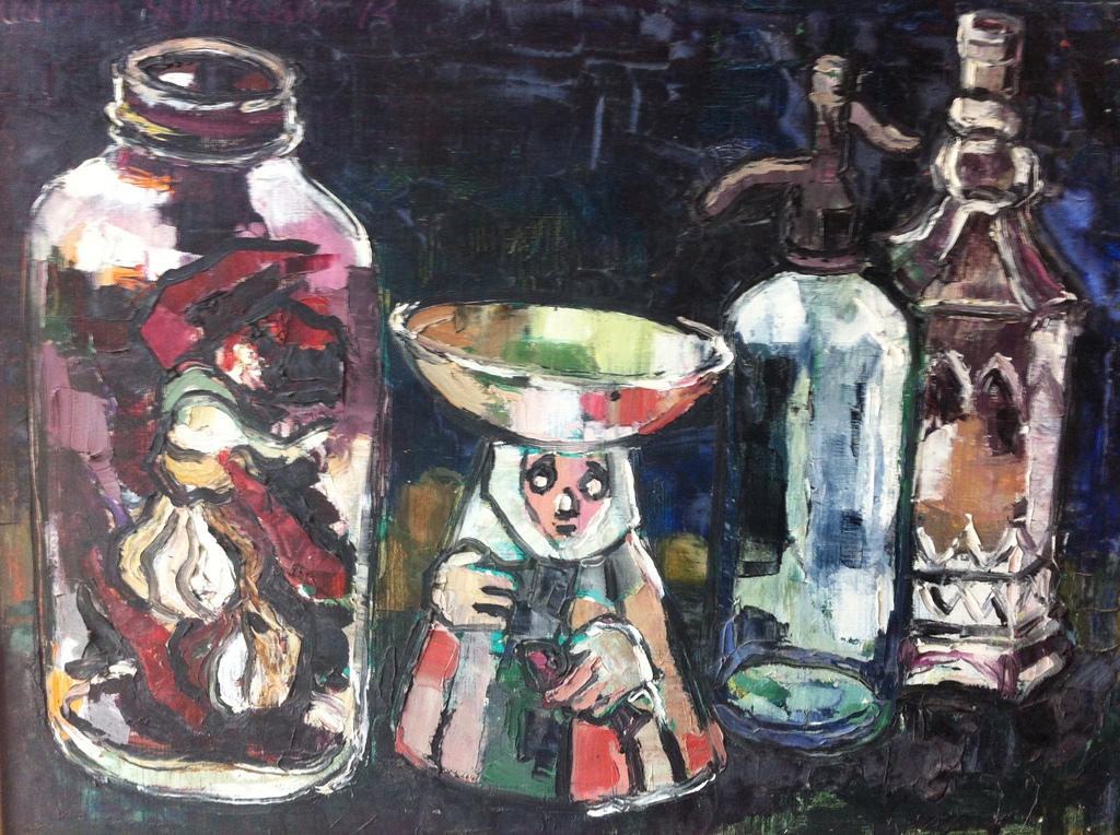 Adrian Stahlecker, Pot en flessen 1974, olieverf. 75X56 verkocht voor € 88!