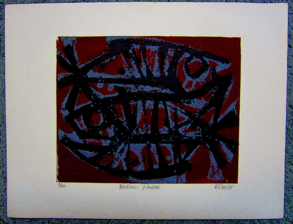 Rob Cox, Zodiac - Pieces. linosnede uit 1965. beeldformaat 17 x 21.1 cm. verkocht voor € 40!