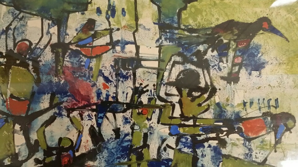 Abstract met vogels, gemengde techniek op papier. Gesigneerd Jan Boekhoorn, '59 verkocht voor € 80!