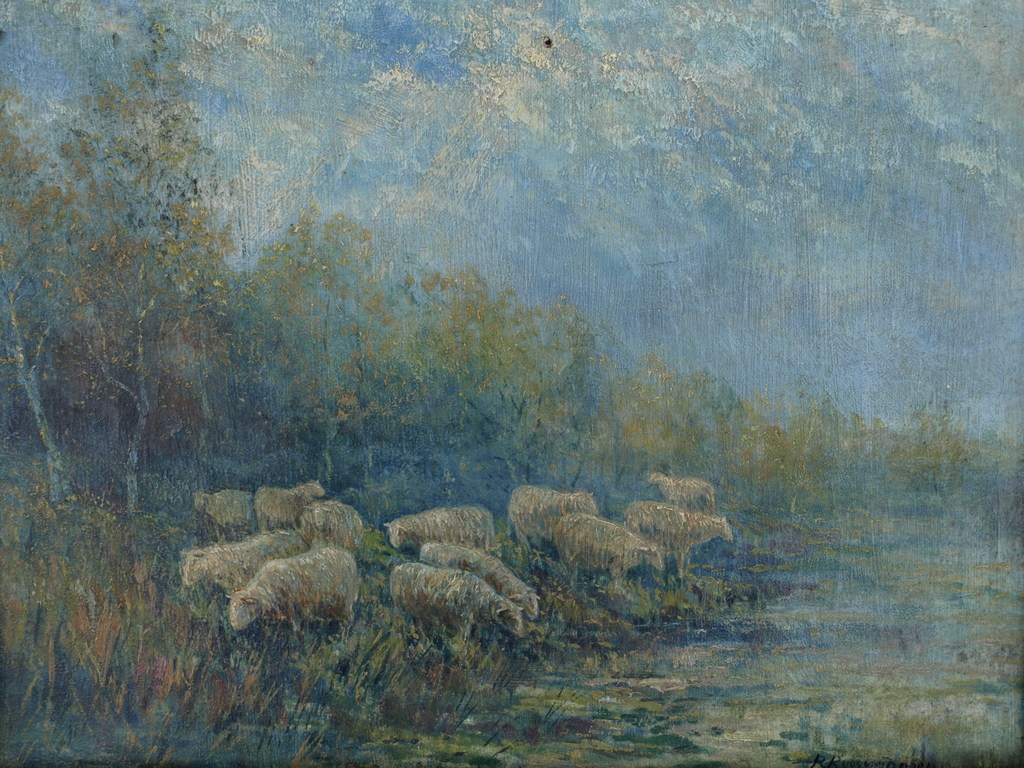 Onduidelijke signatuur : Olieverf op doek, Schapen – ca 1950 kopen? Bied vanaf 1!