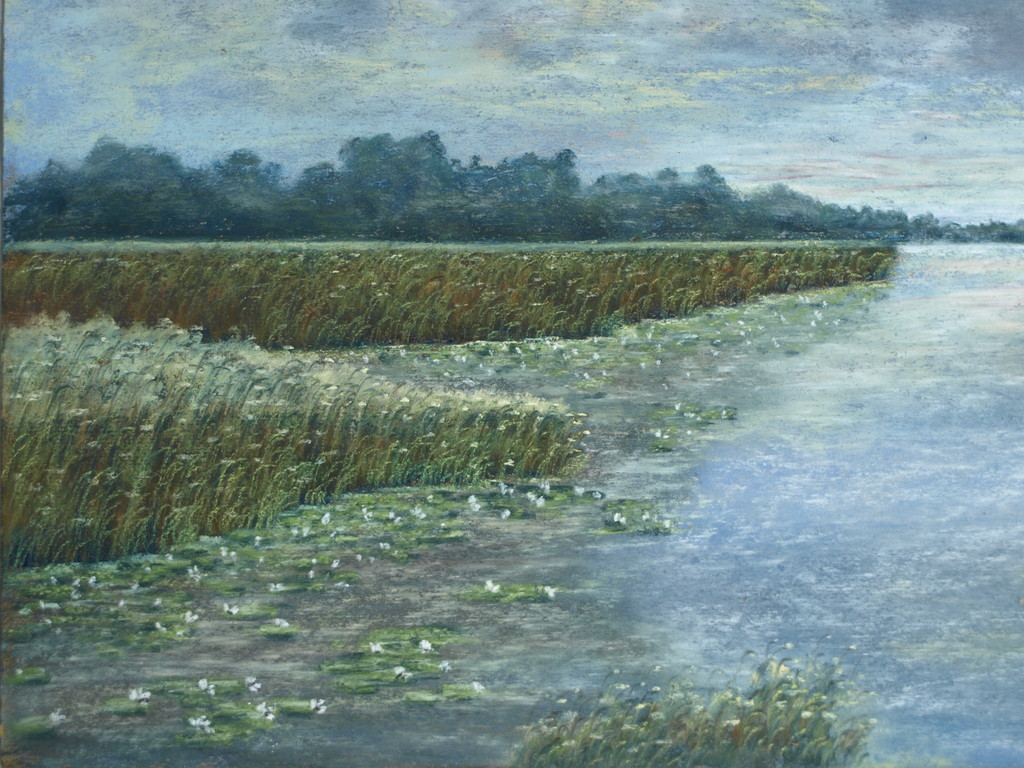 Onduidelijke signatuur :  Pastel - Watergezicht – ingelijst – Oud kopen? Bied vanaf 35!