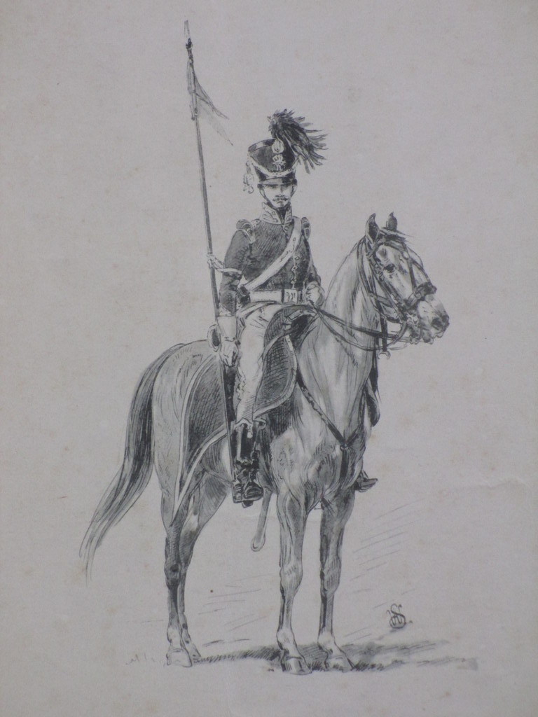 Monogram W.S. , Huzaar van Boreel te paard, Litho kopen? Bied vanaf 1!