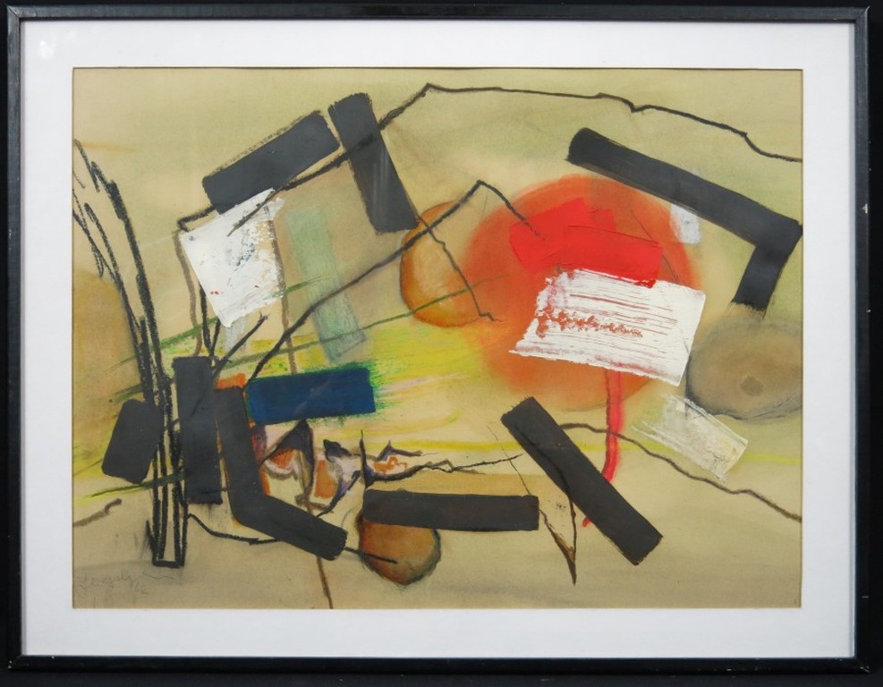 Jan Olyslager: Gemengde techniek, Abstracte compositie - Ingelijst verkocht voor € 300!