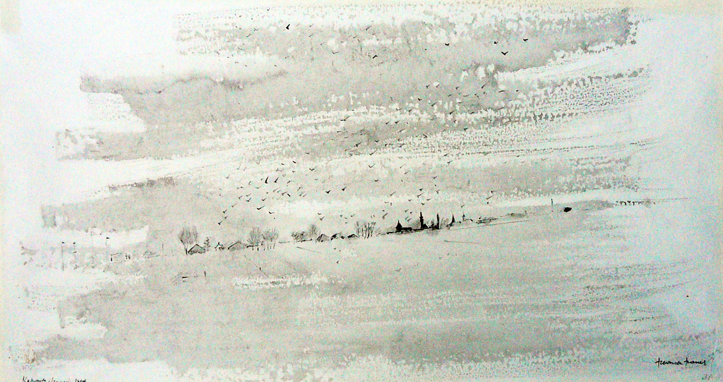 'Foggy morning' -Katwoude januari 1984, tekening/aquarel- kopen? Bied vanaf 60!