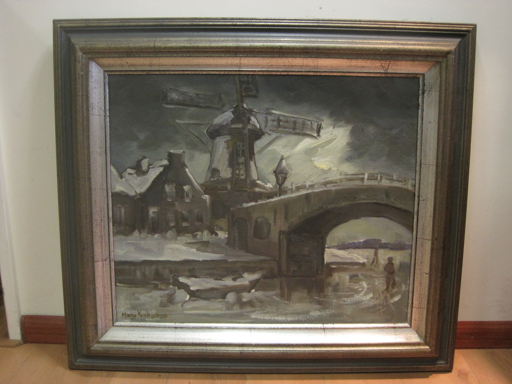 Mary Koekenbier (1942-) "winter in Alkmaar bij Molen van Piet" groot olieverf ! kopen? Bied vanaf 1!