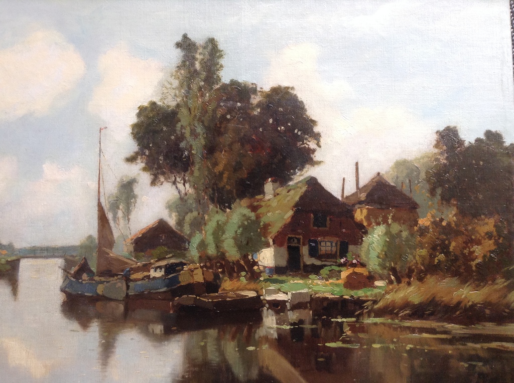 Jan Knikker sr Boerderij aan het water olieverf doek 50x70 gesigneerd verkocht voor € 390!