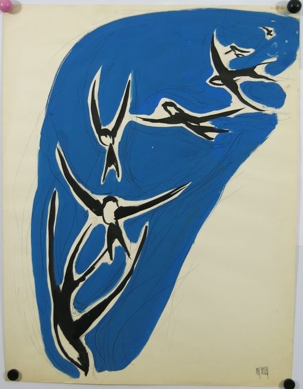 Frans Erkelens: Gouache en pen op papier, Zwaluwvlucht kopen? Bied vanaf 1!