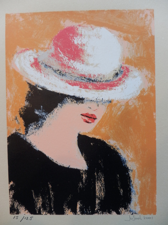 JOSE van GOOL   Zeefdruk   DAME MET WITTE HOED  Handgesigneerd kopen? Bied vanaf 45!