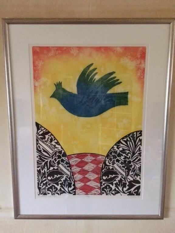 Eliza Kopec Grote zeer fraaie zeefdruk Titel Donderkop met vogel Ingelijst verkocht voor € 35!