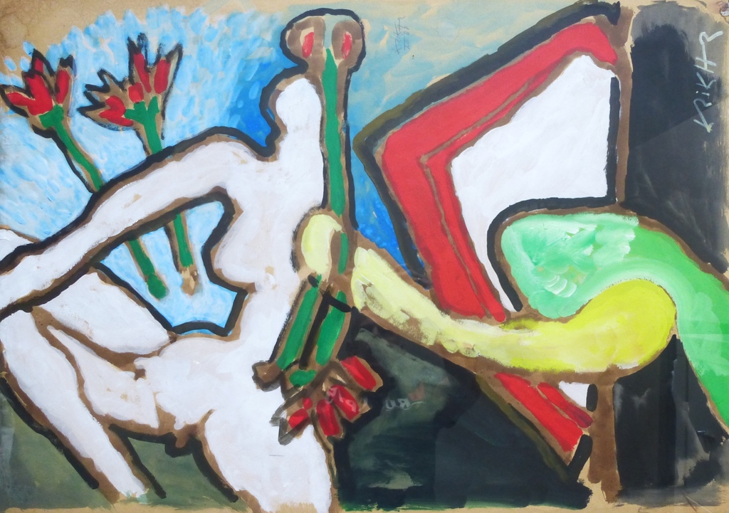 Herman Krikhaar, grote gouache: figuur en bloemen, 1988, handgesigneerd kopen? Bied vanaf 375!