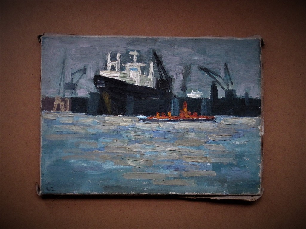 Interessant olieverf op doek ca. 1960 "Haven van Amsterdam" monogram "AT" kopen? Bied vanaf 1!