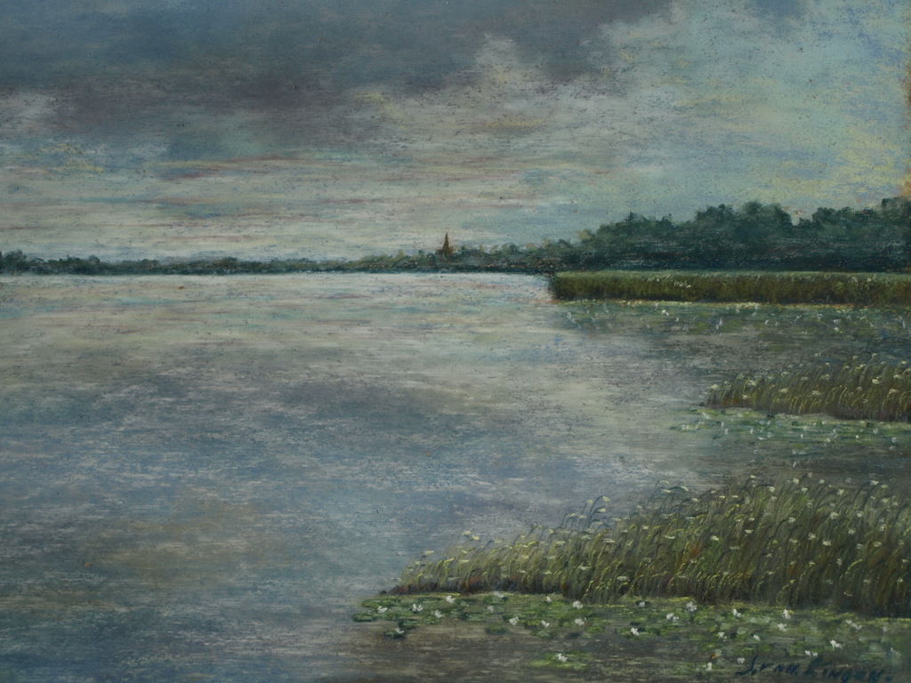Onduidelijke signatuur :  Pastel - Watergezicht – ingelijst – Oud kopen? Bied vanaf 35!