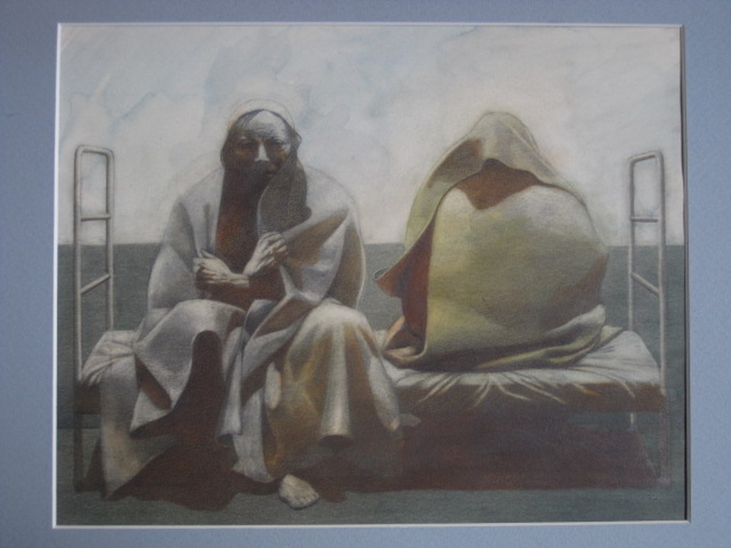Intrigerend vroeg (1977) Aquarel "Man op bed" van Jan Bouman (1945-) gesigneerd  kopen? Bied vanaf 1!