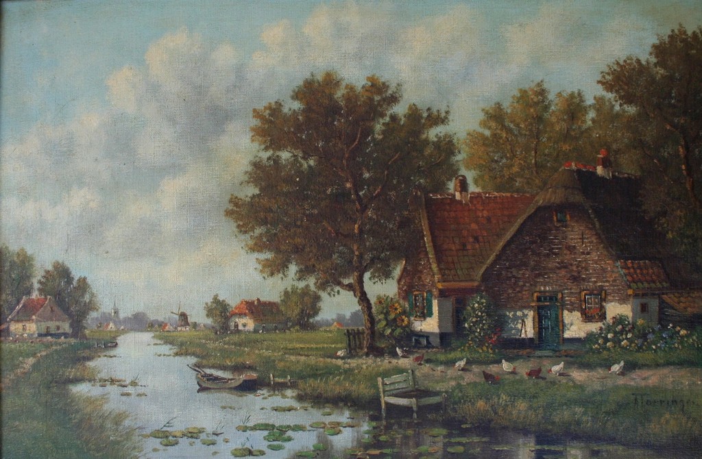 A. Torringa - olieverf op doek - poldertafereel met huizen langs het water verkocht voor € 110!