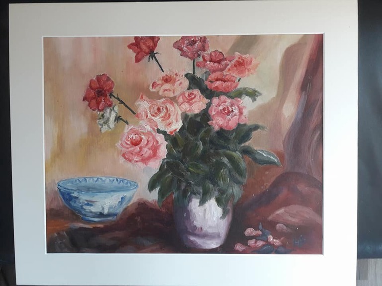 Stilleven, acrylverf op schilderskarton, ingelijsd, gesigneerd met monogram. kopen? Bied vanaf 1!