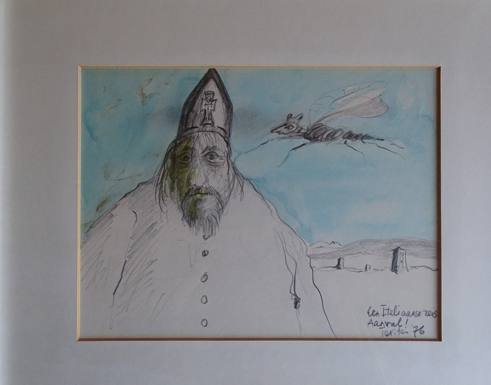 Alain Teister (1932-1979), potlood en aquarel, Italiaanse reis Aanval! verkocht voor € 210!