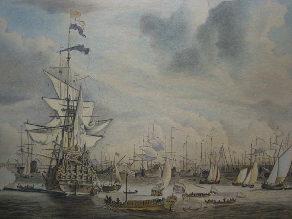 oude aquarel "VOC schip de Amsterdam op het IJ met Schreierstoren"   kopen? Bied vanaf 1!