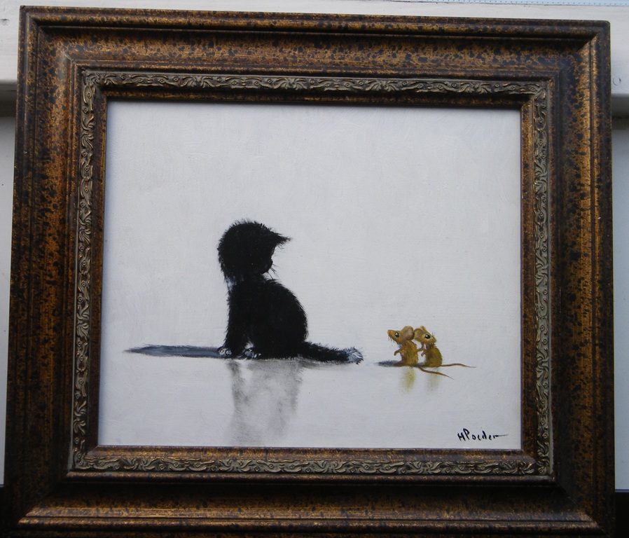 henk poeder olieverf op painterboard kitten met muizen verkocht voor € 124!