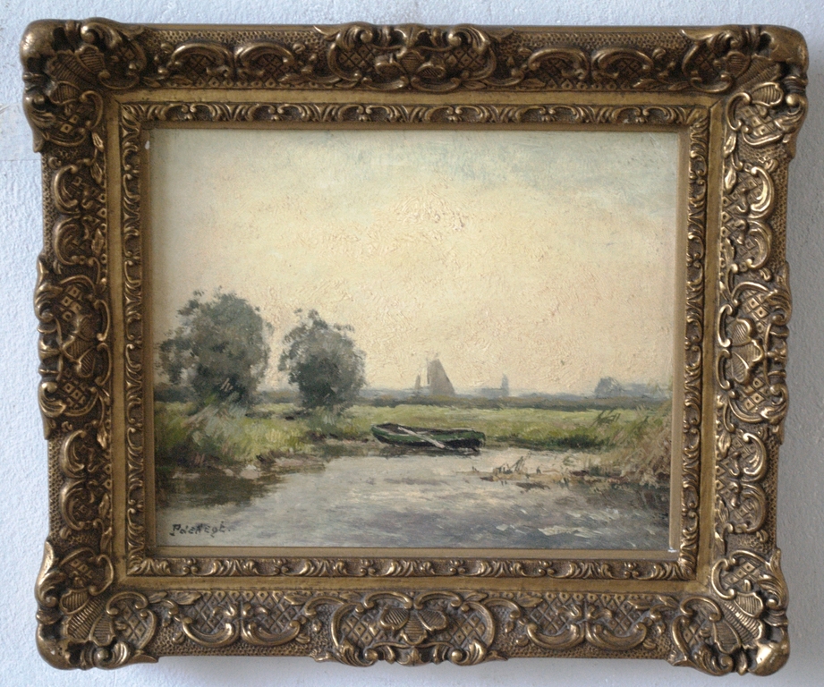 Waterlandschap - olieverf op eikenhouten paneel, gesigneerd. verkocht voor € 149!