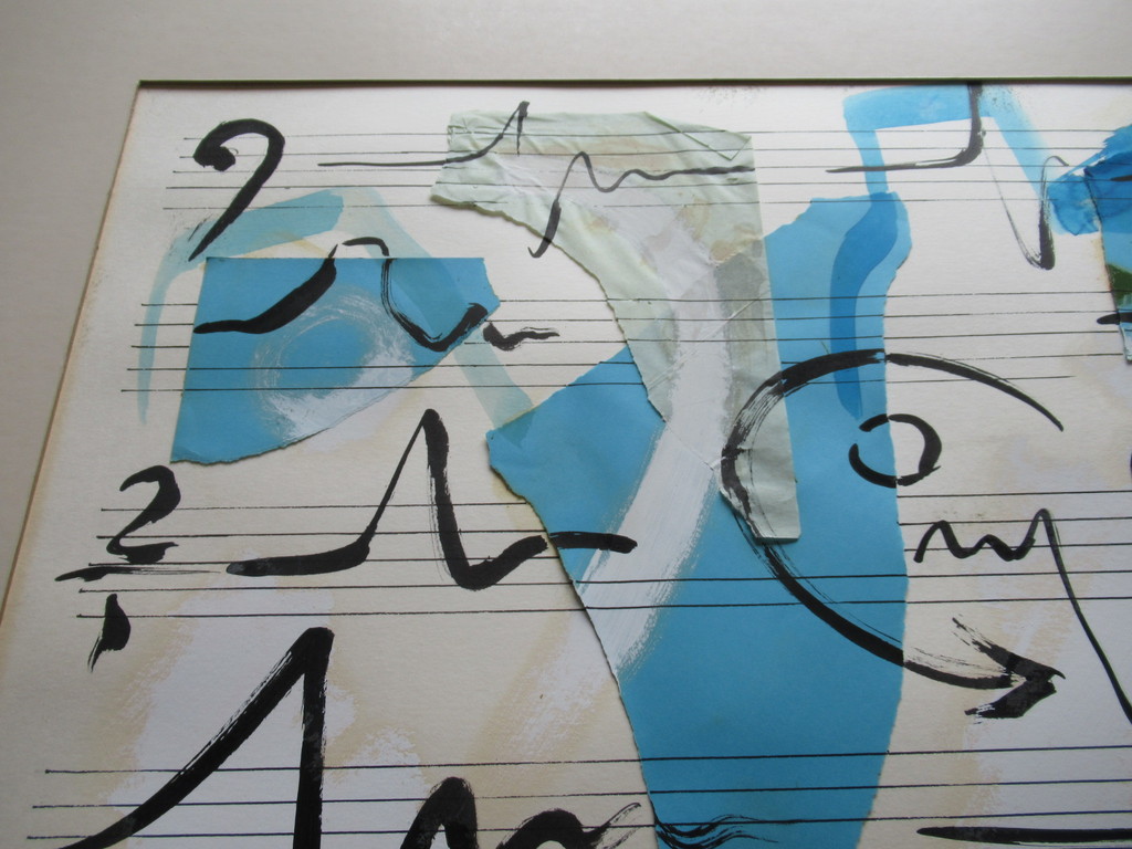 Onbekende kunstenaar: collage en verf, muziekschrift kopen? Bied vanaf 1!