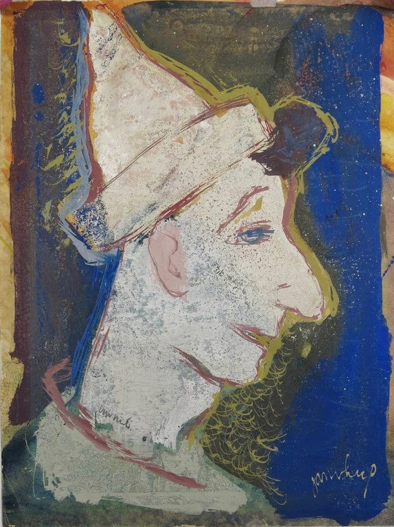 Jan van Heel: Gouache op papier, Kop van een Pierrot verkocht voor € 350!