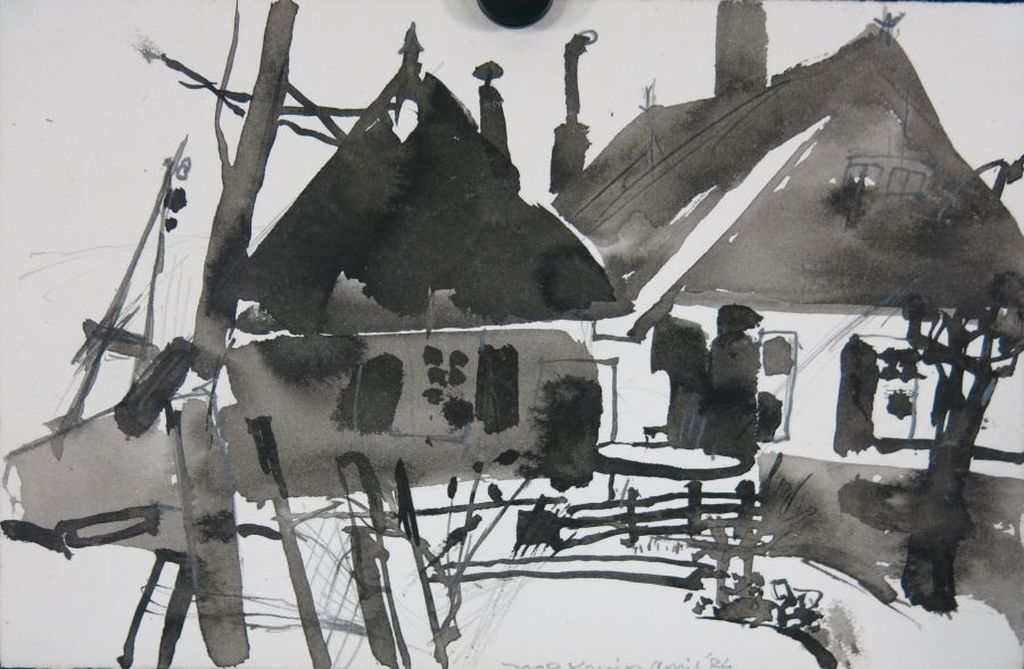 Joop Kruip: Inkttekening, Zonder titel (boerderijen) verkocht voor € 35!