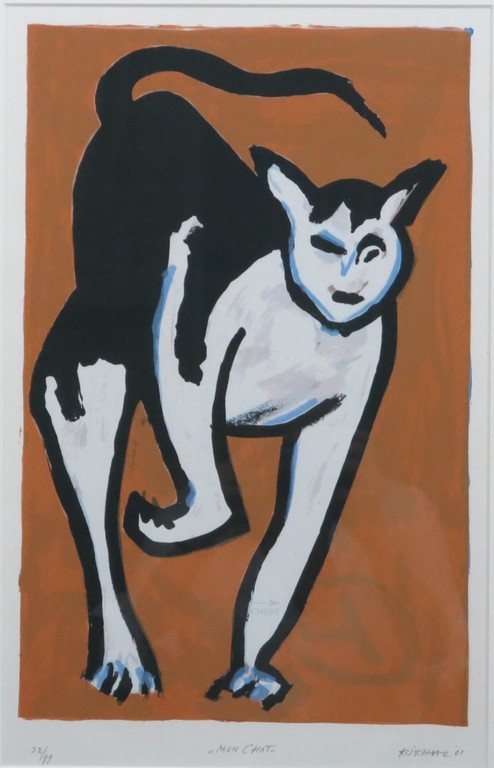 Herman Krikhaar: Zeefdruk, Mon chat - Ingelijst verkocht voor € 50!