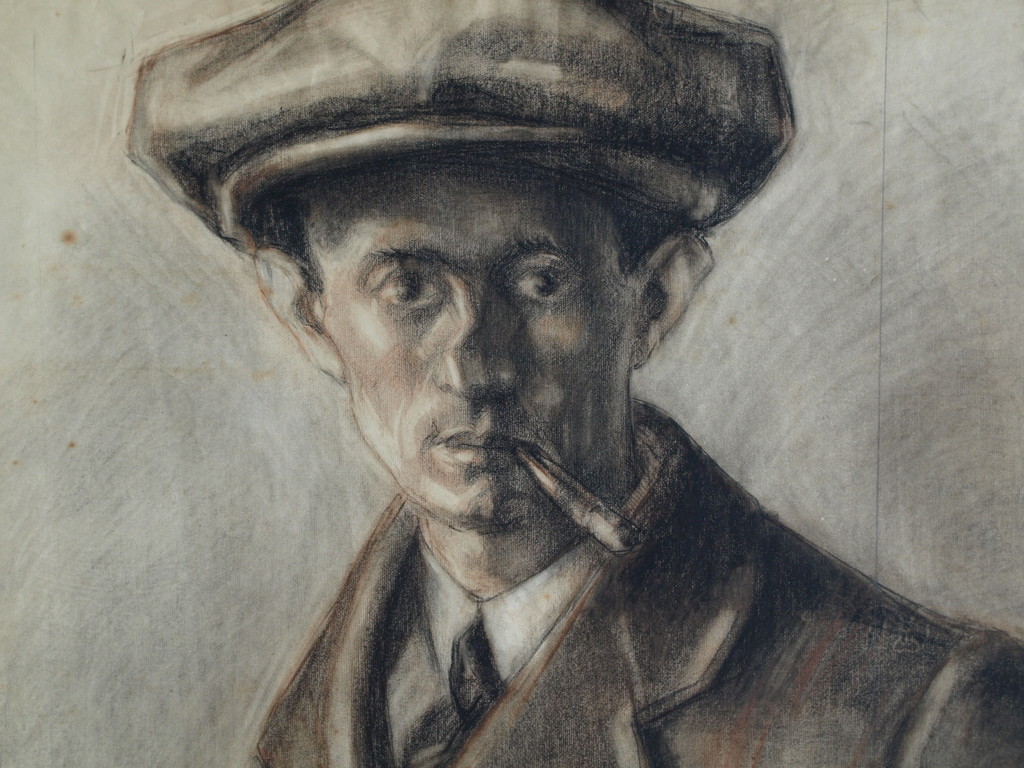 Onbekend : Tekening , Portret man met pet en sigaret – ca 1920  kopen? Bied vanaf 1!