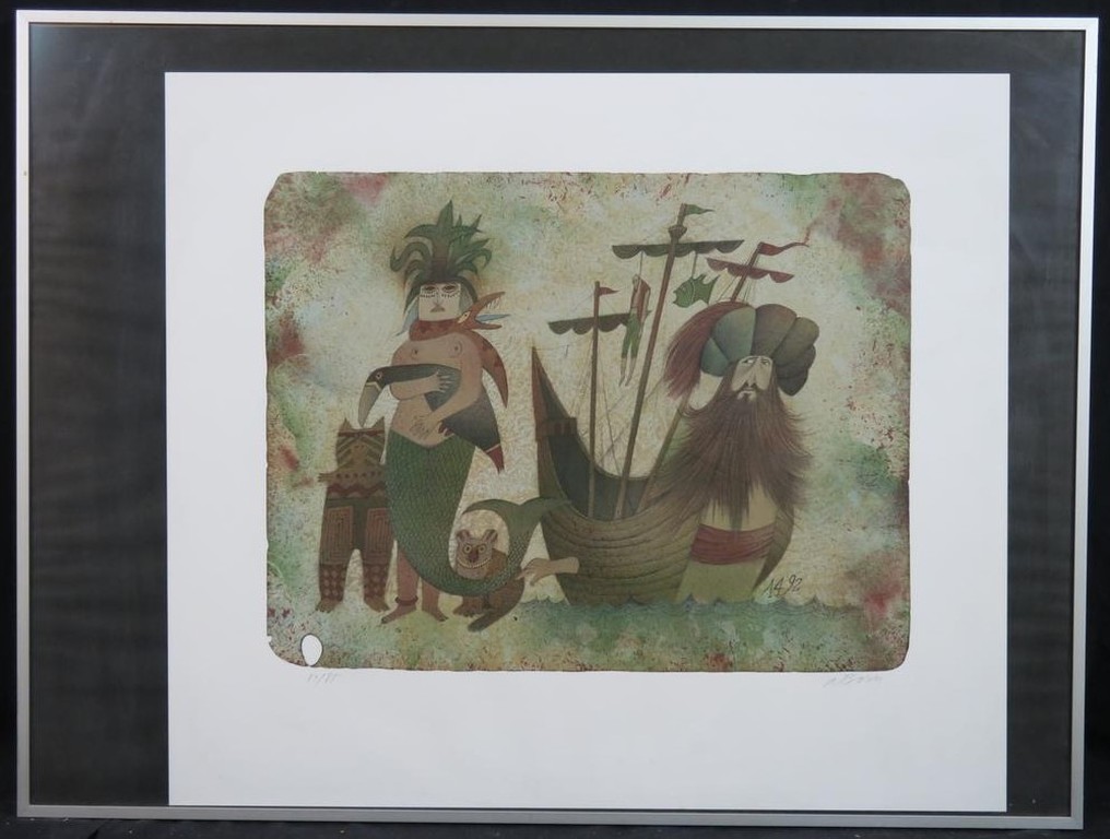 Adolf Born: Litho, Ontdekking van Amerika - Ingelijst verkocht voor € 420!
