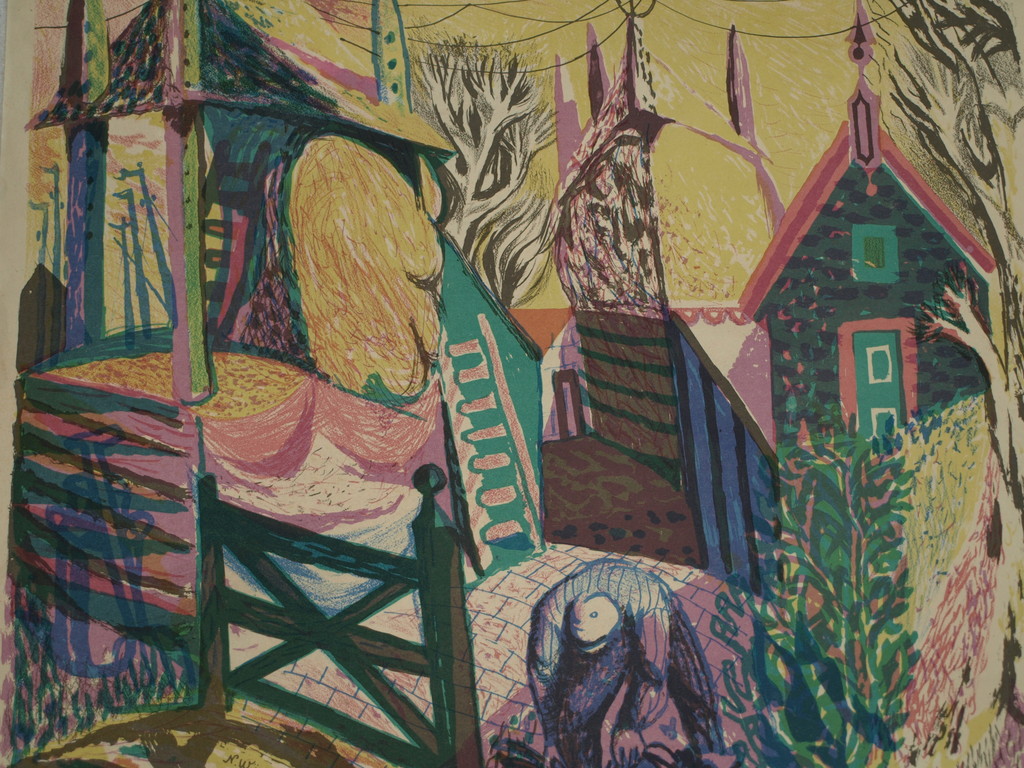 Nicolaas Wijnberg (1918-2006) – Kleurenlitho – Dorpsgezicht – Gesigneerd - 1947 verkocht voor € 75!