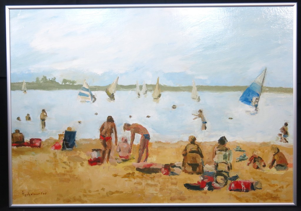 Andre Tigchelaar: Olieverf op Doek, Recreatie aan de plas (1) - Ingelijst (Groot kopen? Bied vanaf 350!