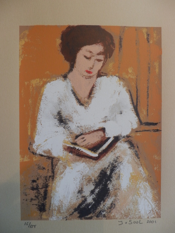 JOSE van GOOL   Zeefdruk LEZENDE DAME  Handgesigneerd verkocht voor € 35!