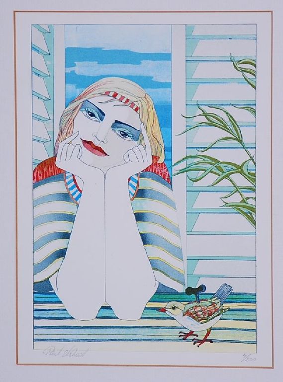 Paul Elshout: Kleurenlitho. Vrouw met blikken vogeltje kopen? Bied vanaf 40!