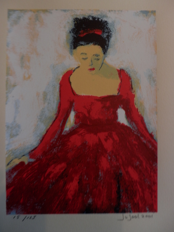JOSE van GOOL   Zeefdruk DAME IN RODE JAPON Handgesigneerd verkocht voor € 35!