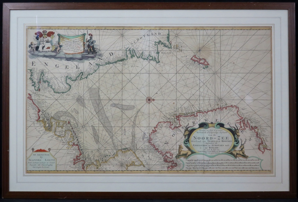 Johannes Loots: Gravure, Landkaart Noordzee - Ingelijst (Groot) verkocht voor € 46!