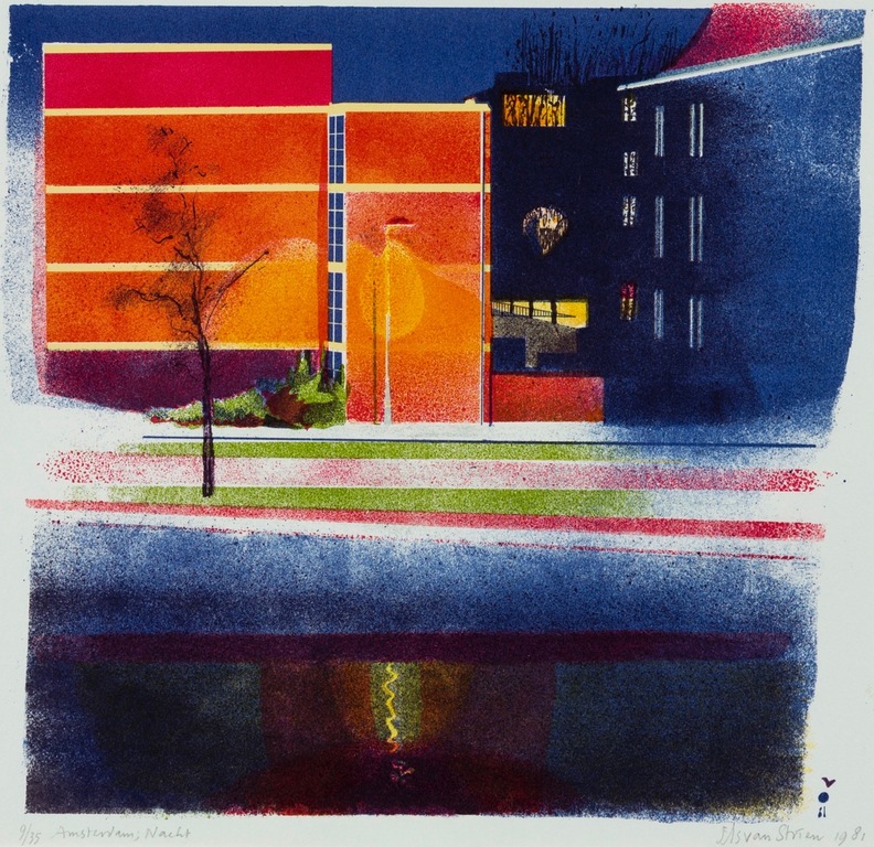 Els van Strien: Litho, Amsterdam bij nacht - Ingelijst verkocht voor € 35!