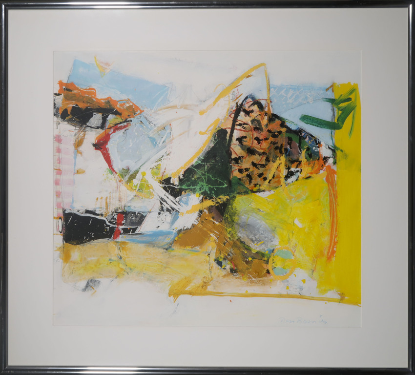 Theo den Boon: Gemengde techniek op papier, Abstracte compositie - Ingelijst verkocht voor € 80!