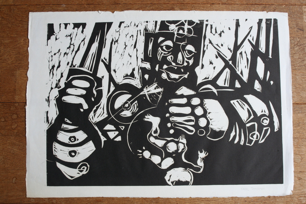 Karel Timmerman - linodruk - zonder titel - circa 1968 - gesigneerd kopen? Bied vanaf 1!