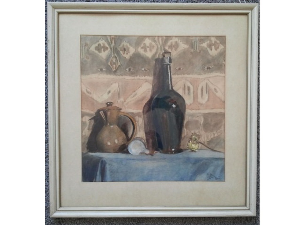 stilleven met wijnfles en koperen kan, aquarel kopen? Bied vanaf 14!