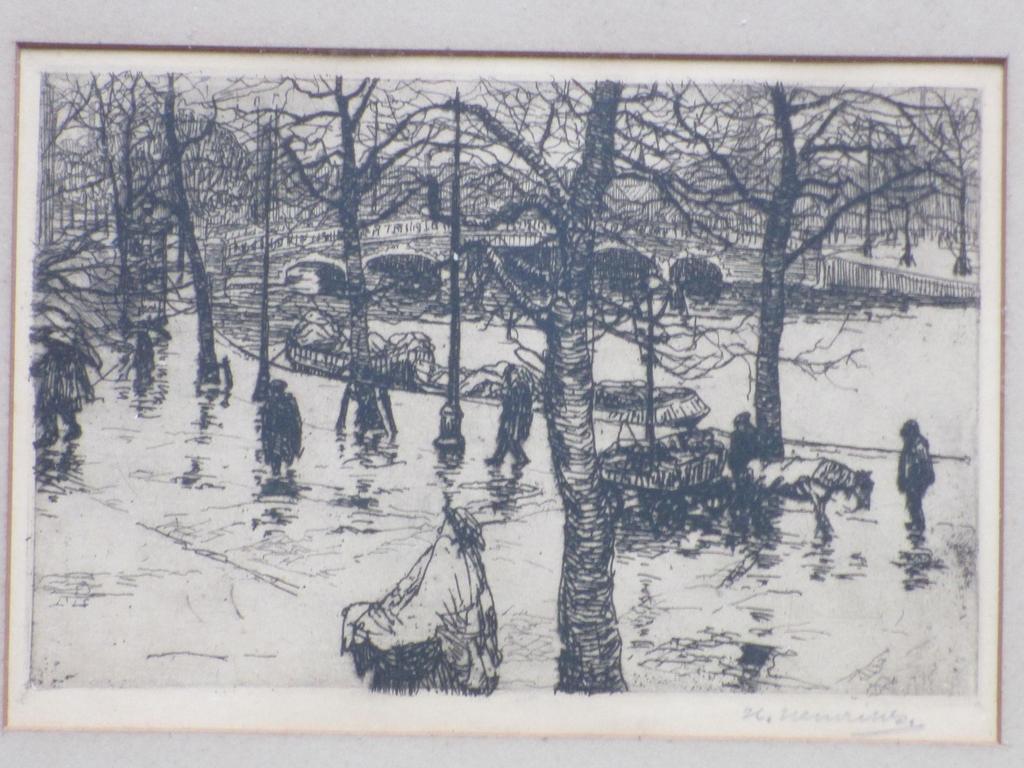 Hendrik Henrichs, Amsterdams stadsgezicht in de regen, Ets verkocht voor € 40!