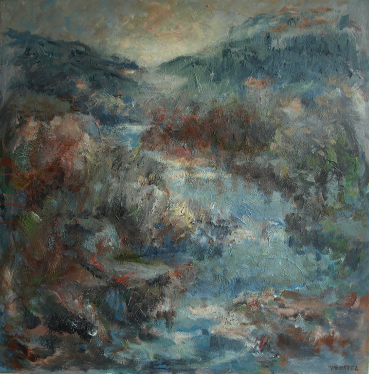 John Wortel ? : Olieverf op doek – Rivier – Gesigneerd - 100 x 100 cm verkocht voor € 50!
