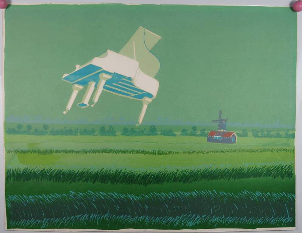 Jurjen Fontein: Zeefdruk, Vleugel vliegend in polderlandschap kopen? Bied vanaf 35!