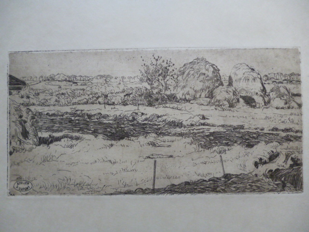 Pieter Dupont - ets - Veld met hooioppers verkocht voor € 65!