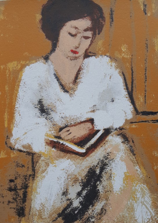 Dame met boek - gesigneerde zeefdruk op papier kopen? Bied vanaf 40!