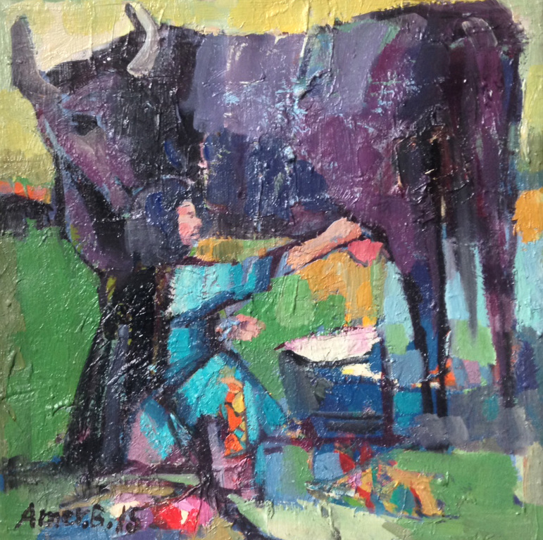 Amer Bader; Buffel, miniatuur, olie op canvas verkocht voor € 70!