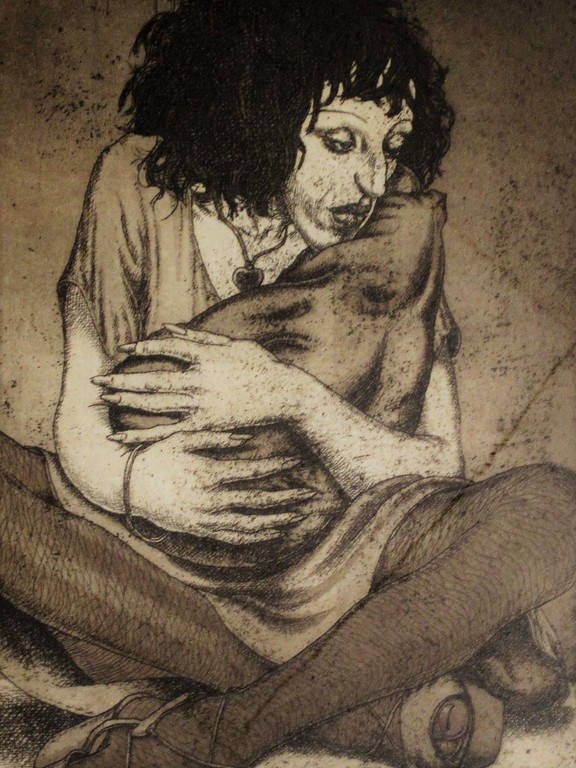 Typische Herman Gordijn ets "Vrouw met kind op straat" E.A.exemplaar gesigneerd verkocht voor € 160!